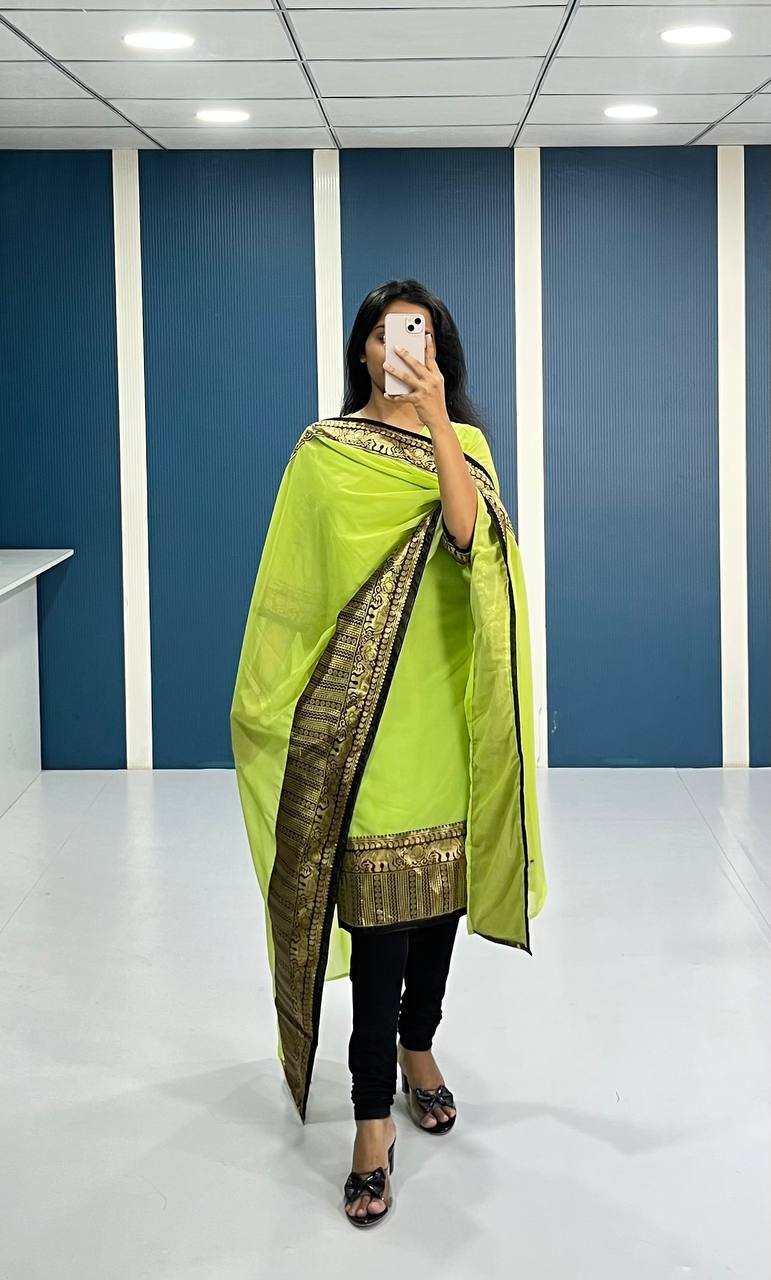 Elegant Lime Green Georgette Kurti and Dupatta Set