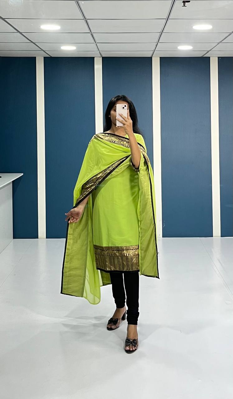 Elegant Lime Green Georgette Kurti and Dupatta Set