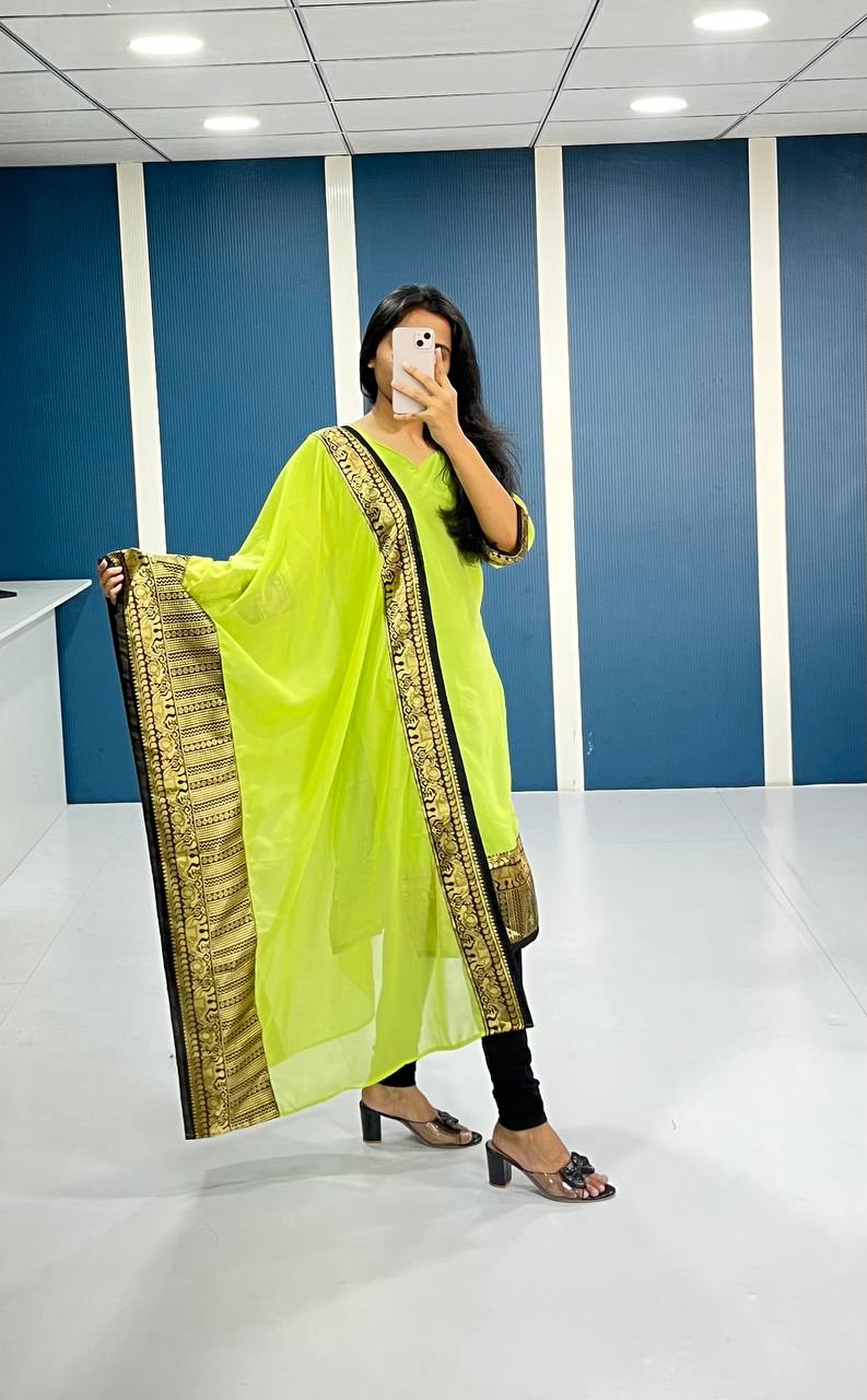 Elegant Lime Green Georgette Kurti and Dupatta Set