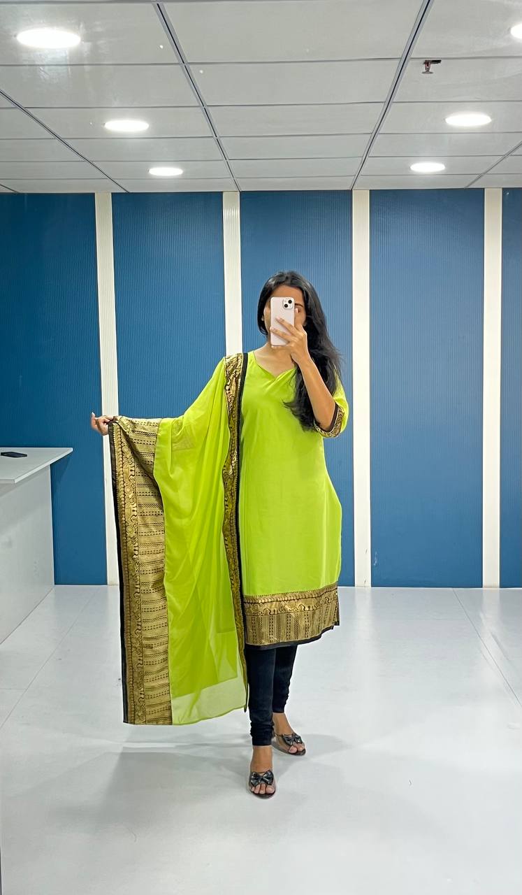 Elegant Lime Green Georgette Kurti and Dupatta Set