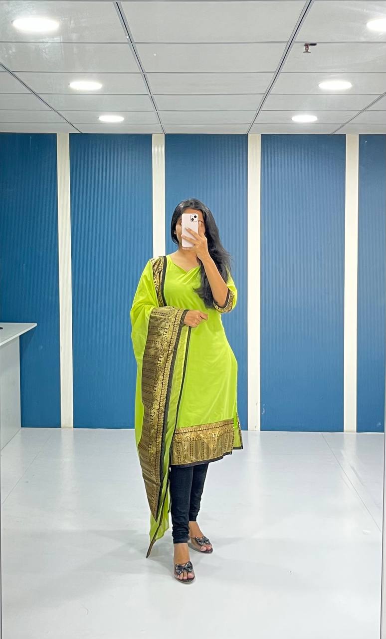 Elegant Lime Green Georgette Kurti and Dupatta Set