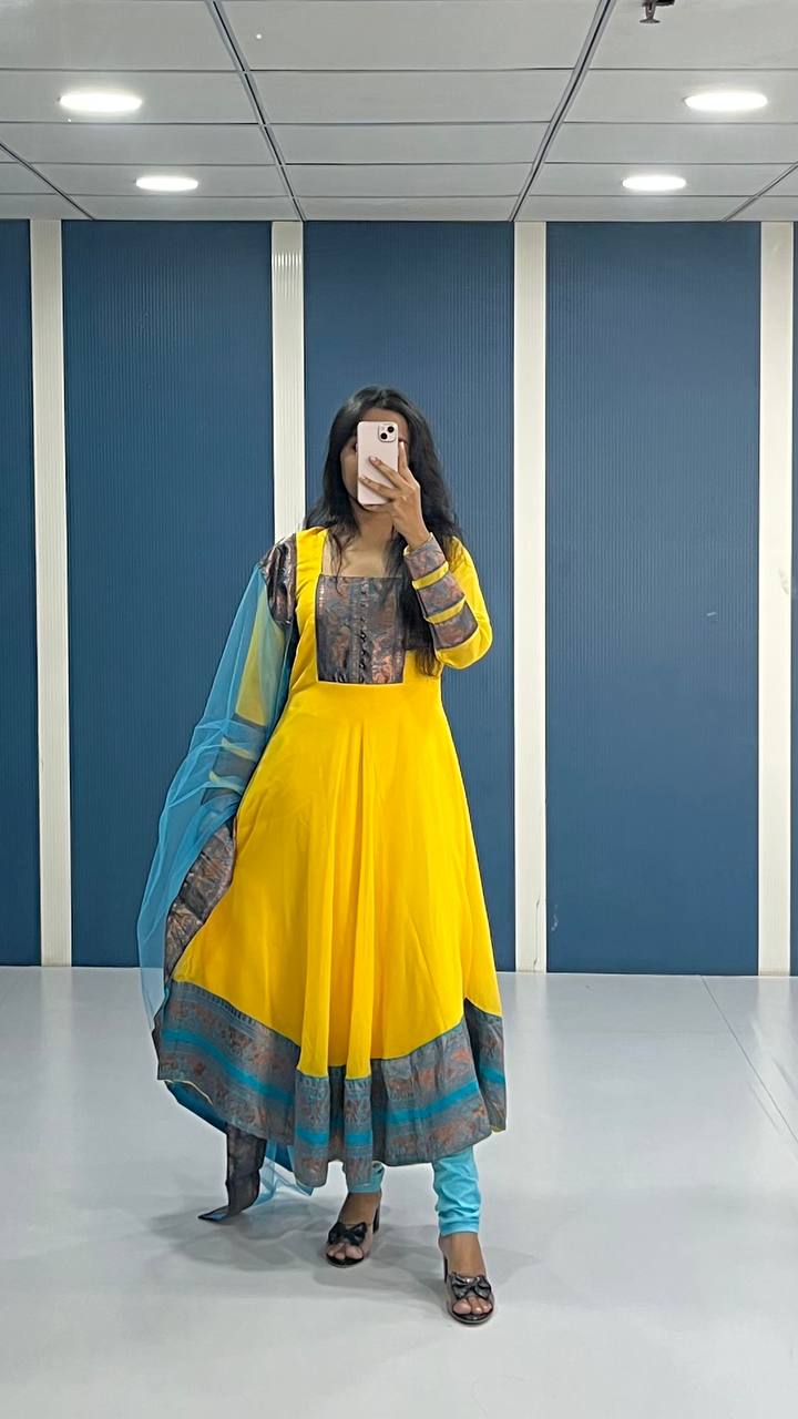 Elegant Yellow Georgette Anarkali Kurti with Blue Dupatta