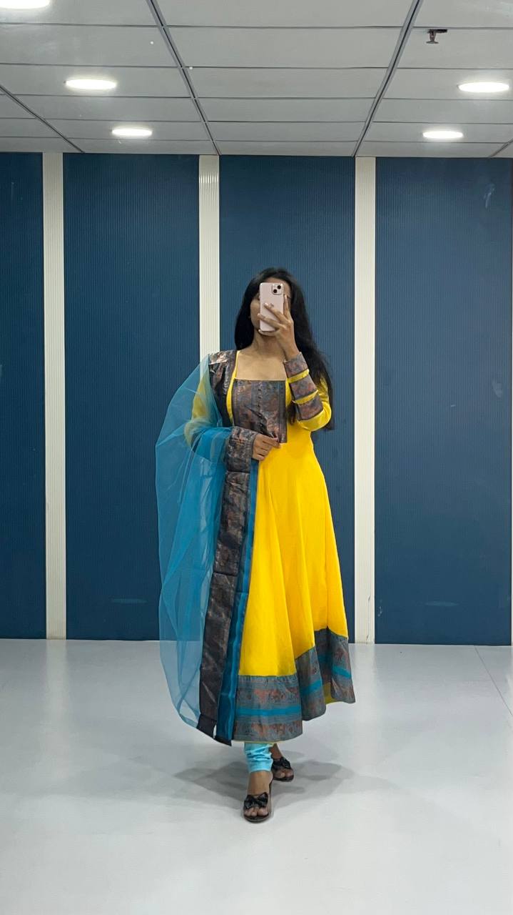 Elegant Yellow Georgette Anarkali Kurti with Blue Dupatta