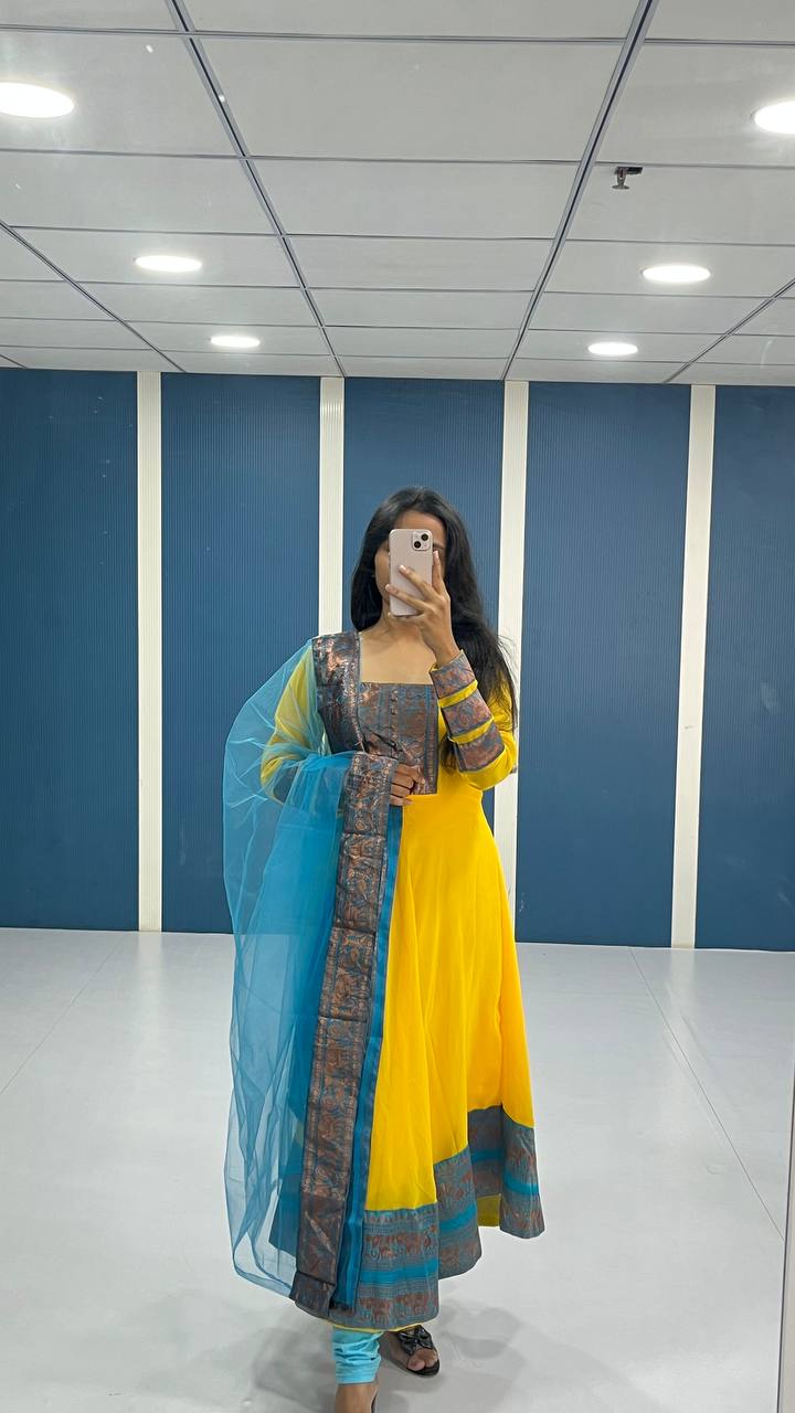 Elegant Yellow Georgette Anarkali Kurti with Blue Dupatta