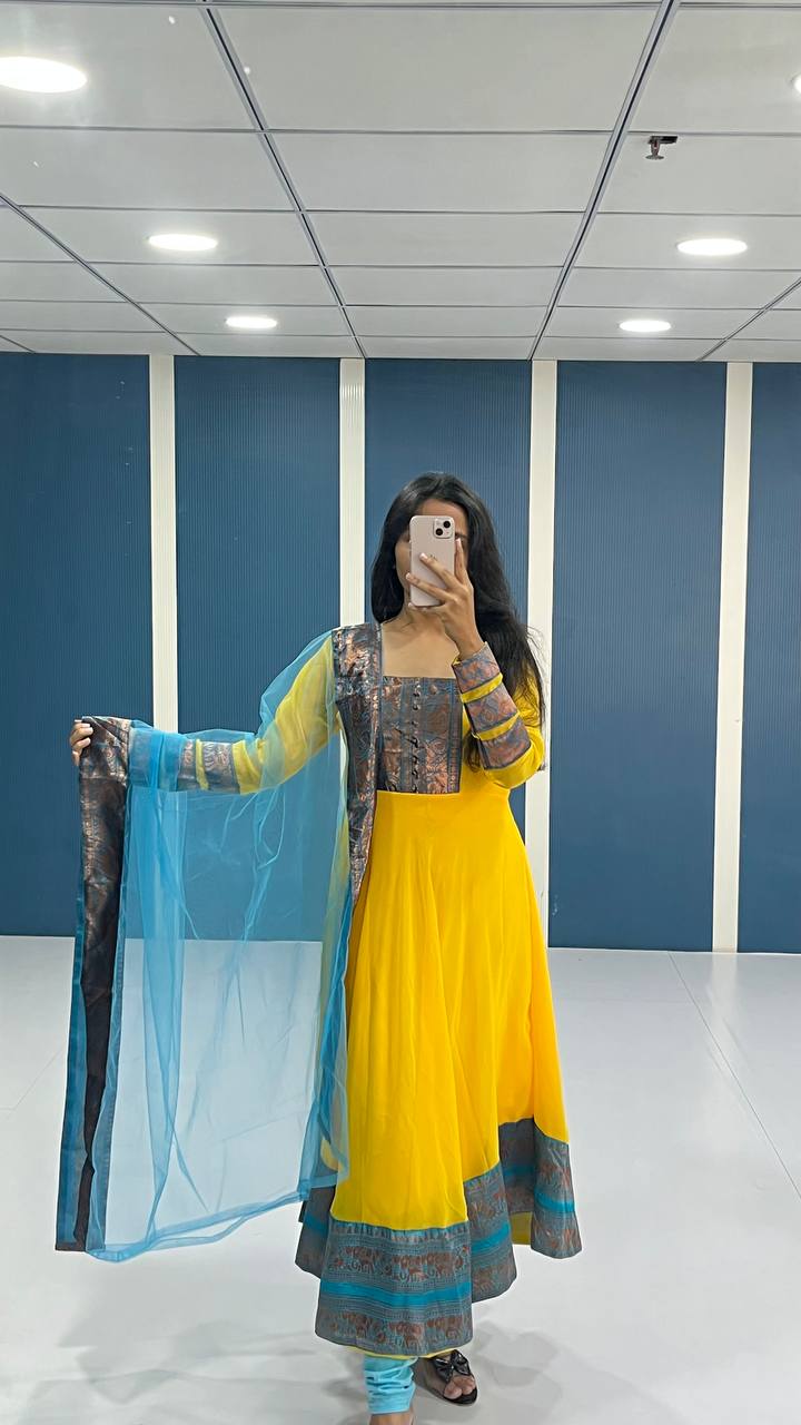 Elegant Yellow Georgette Anarkali Kurti with Blue Dupatta