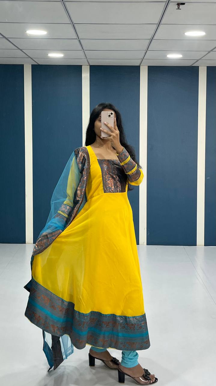Elegant Yellow Georgette Anarkali Kurti with Blue Dupatta