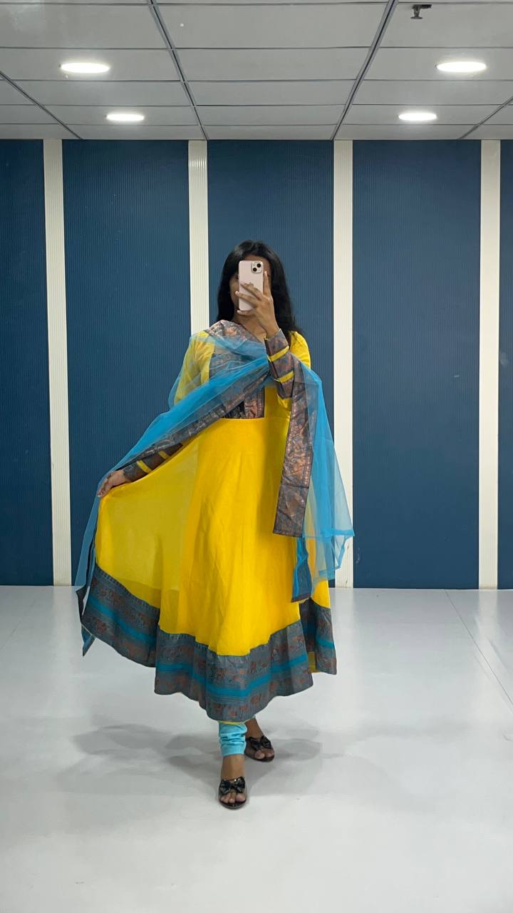 Elegant Yellow Georgette Anarkali Kurti with Blue Dupatta