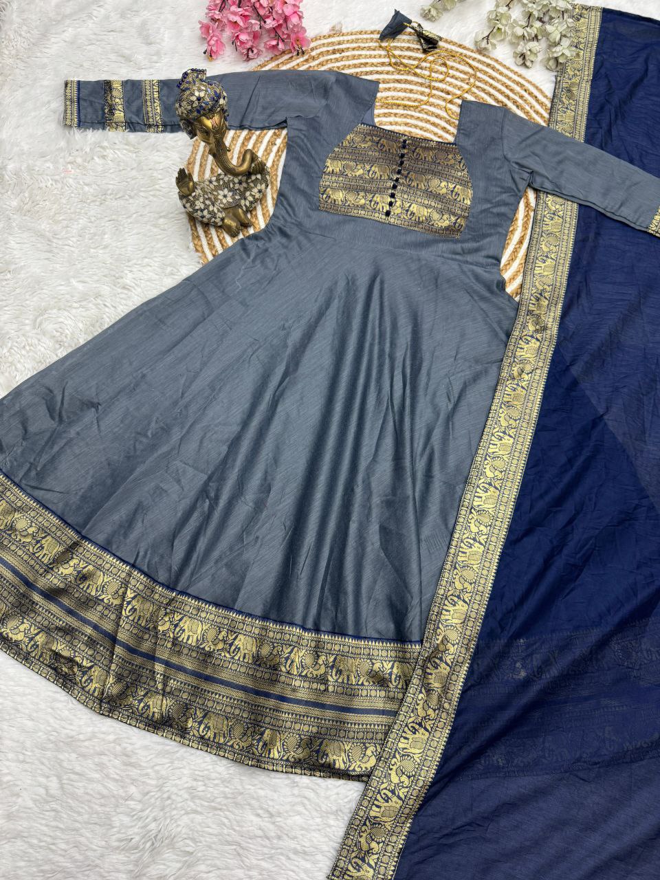 Elegant Gray Georgette Anarkali Kurti with Blue Dupatta