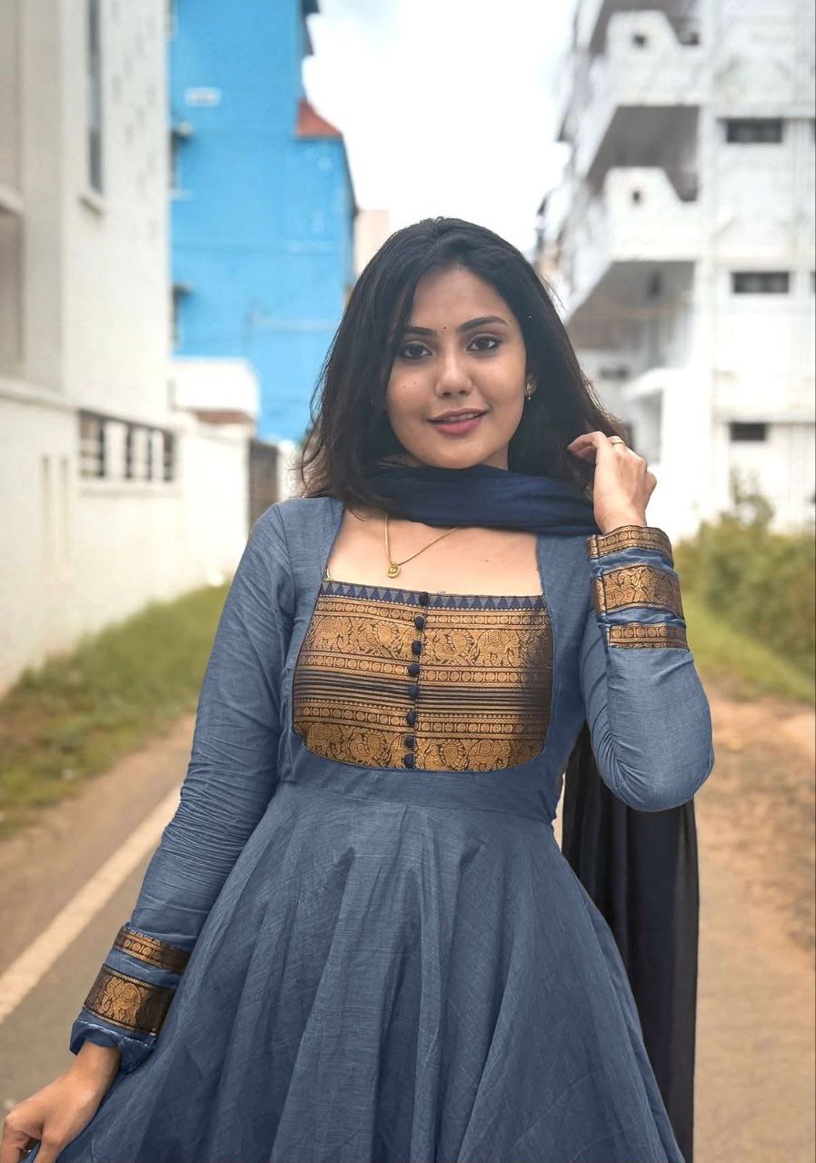 Elegant Gray Georgette Anarkali Kurti with Blue Dupatta