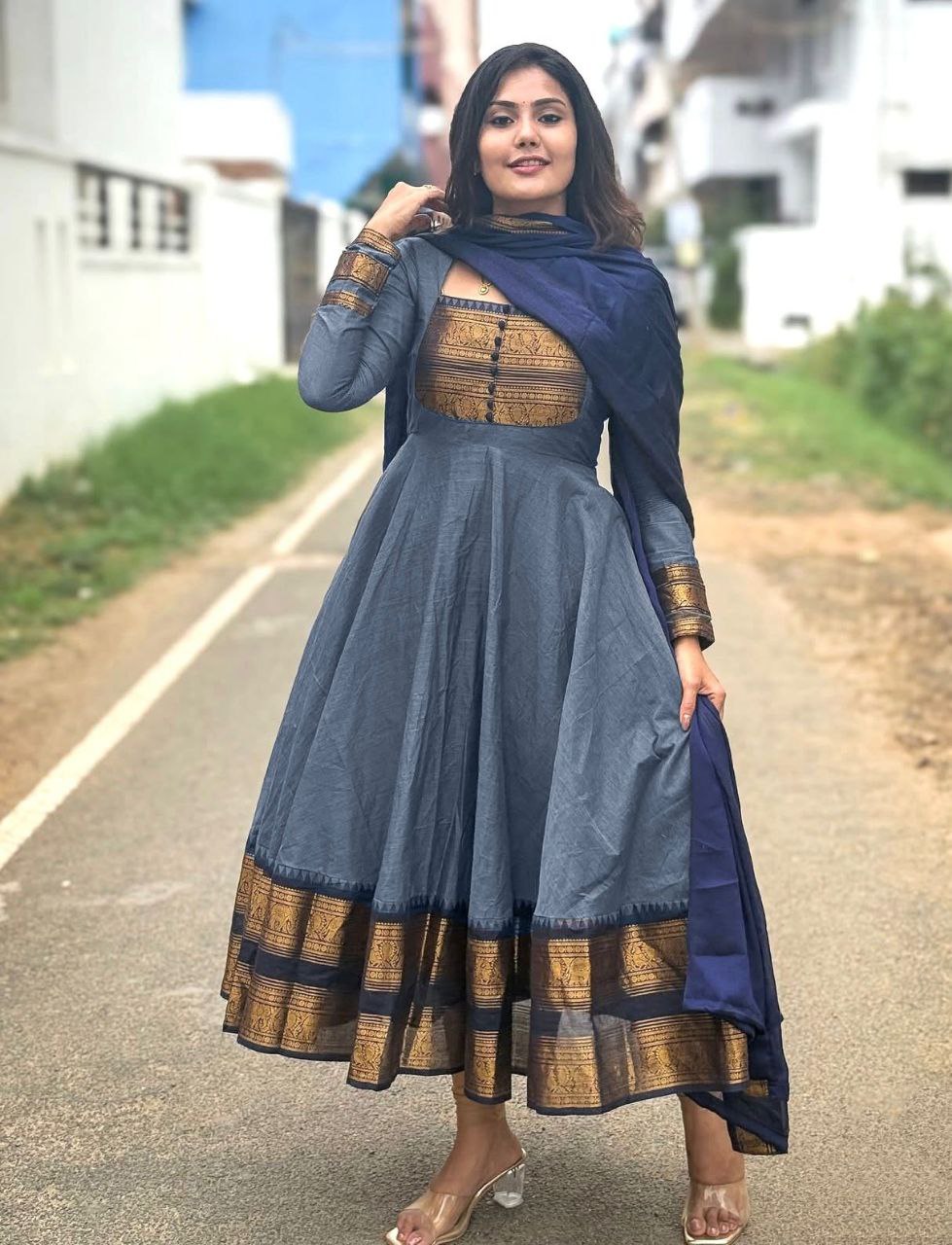 Elegant Gray Georgette Anarkali Kurti with Blue Dupatta