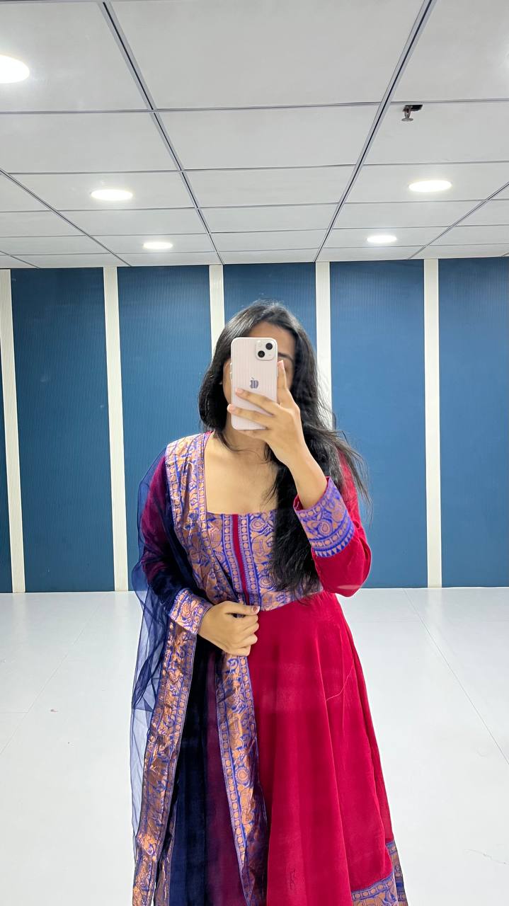 Traditional Anarkali Kurta Set in Vichitra Silk with Zari Detailing