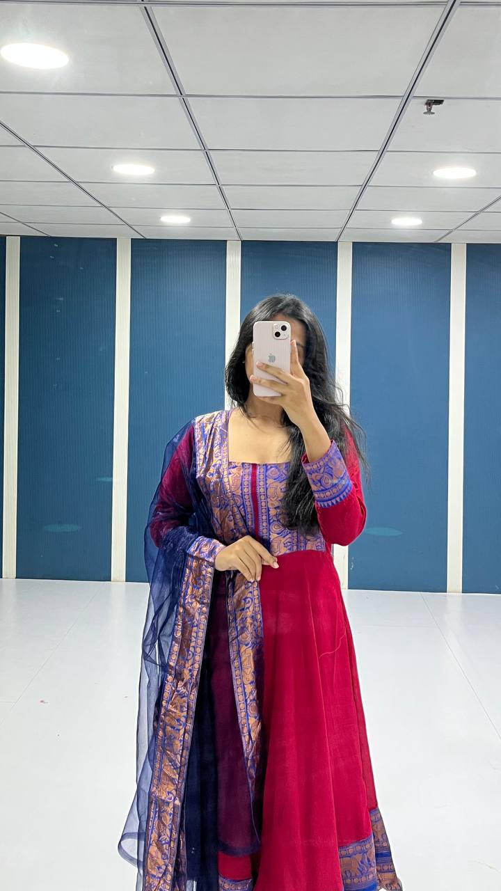 Traditional Anarkali Kurta Set in Vichitra Silk with Zari Detailing