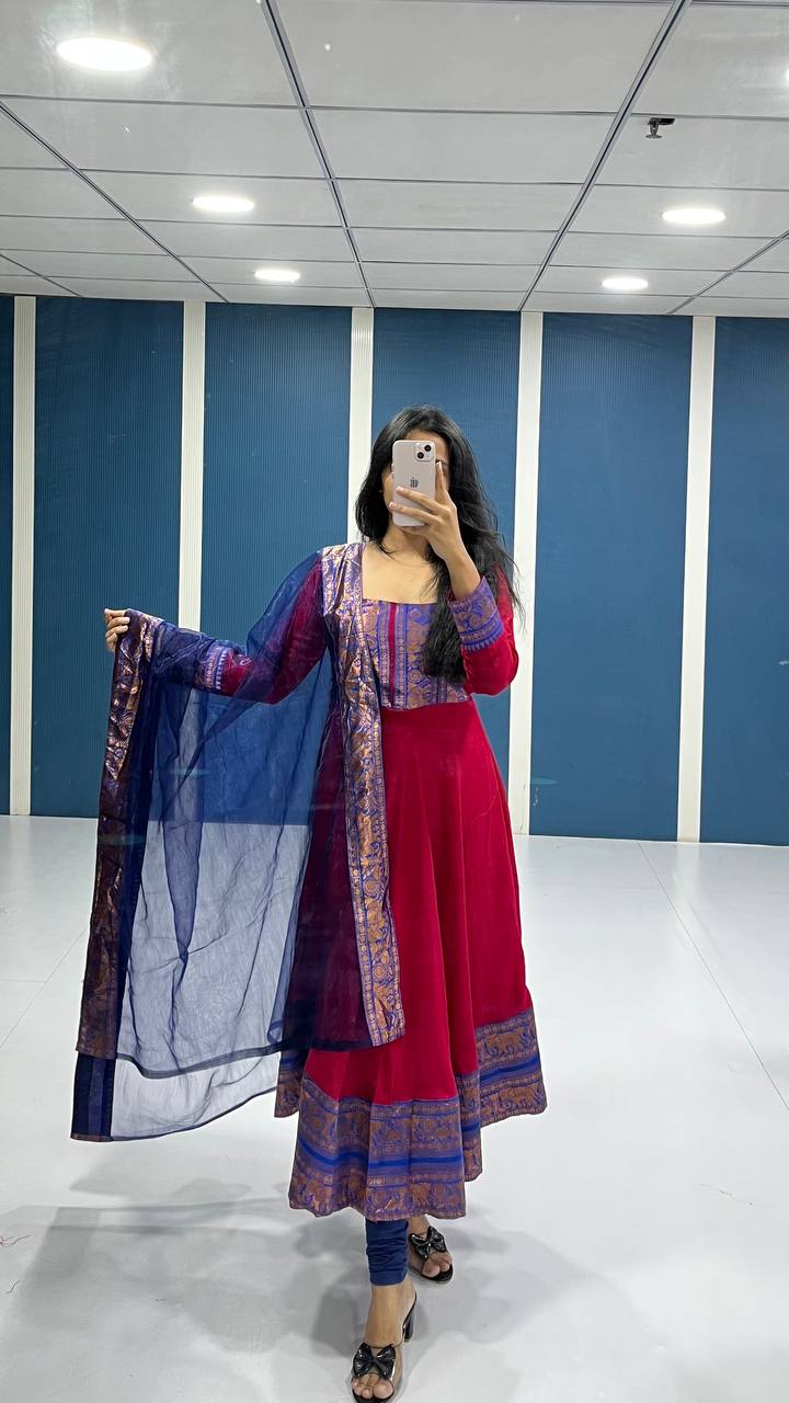 Traditional Anarkali Kurta Set in Vichitra Silk with Zari Detailing