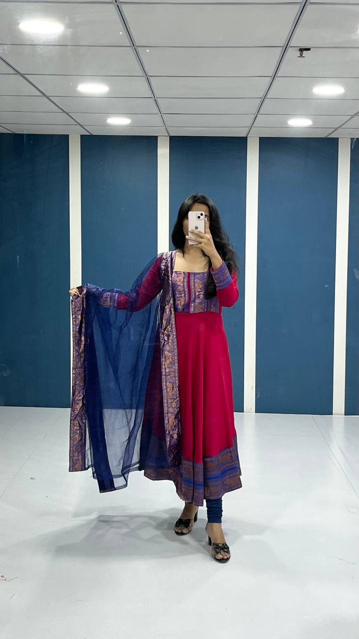 Traditional Anarkali Kurta Set in Vichitra Silk with Zari Detailing