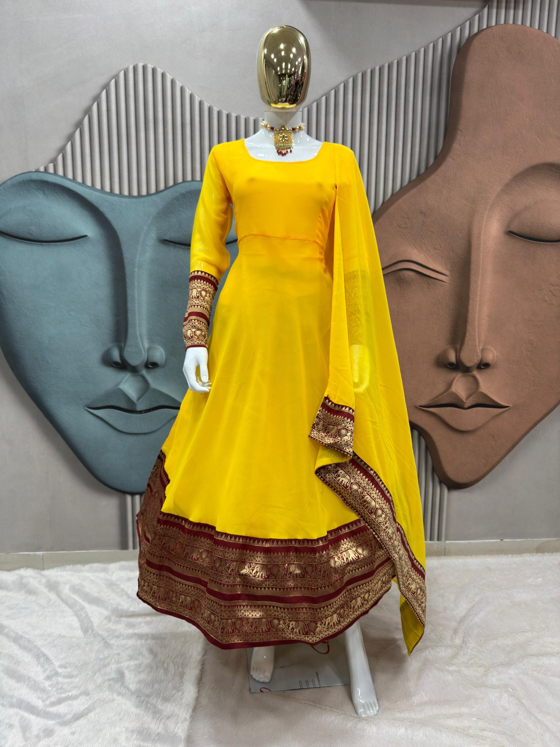 Yellow  Georgette Anarkali with Traditional Border