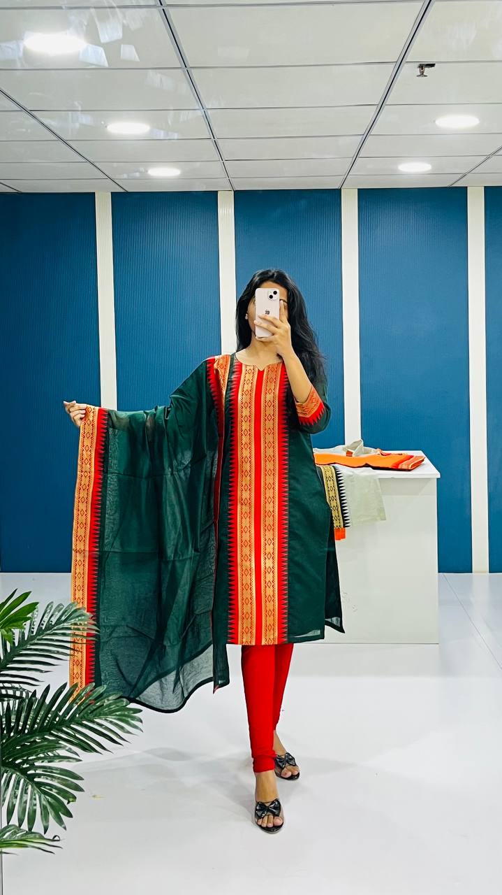 Bottle Green Chanderi Cotton Straight Fit Kurta Set with Jacquard Border.