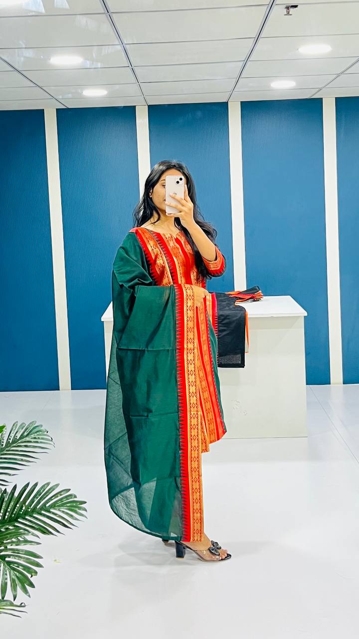 Bottle Green Chanderi Cotton Straight Fit Kurta Set with Jacquard Border.