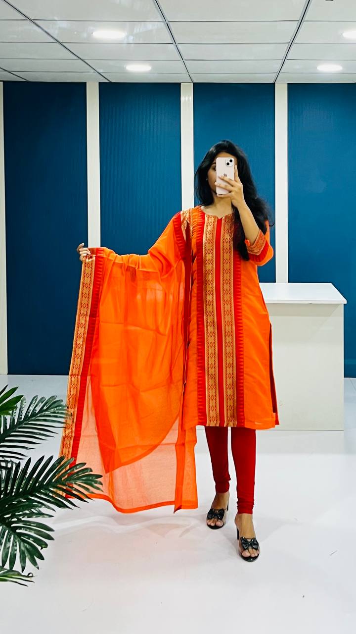 Orange Chanderi Cotton Straight Fit Kurta Set with Jacquard Border.