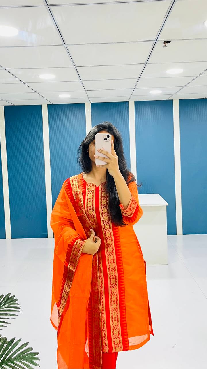 Orange Chanderi Cotton Straight Fit Kurta Set with Jacquard Border.