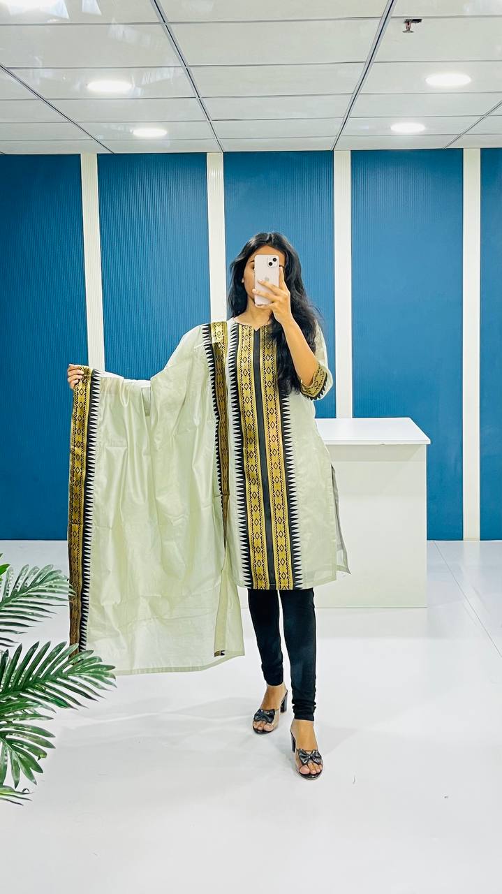 Gray Chanderi Cotton Straight Fit Kurta Set with Jacquard Border.