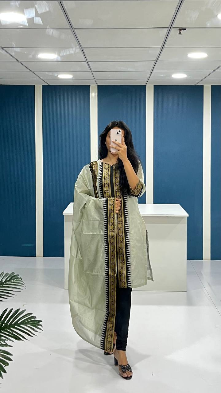 Gray Chanderi Cotton Straight Fit Kurta Set with Jacquard Border.