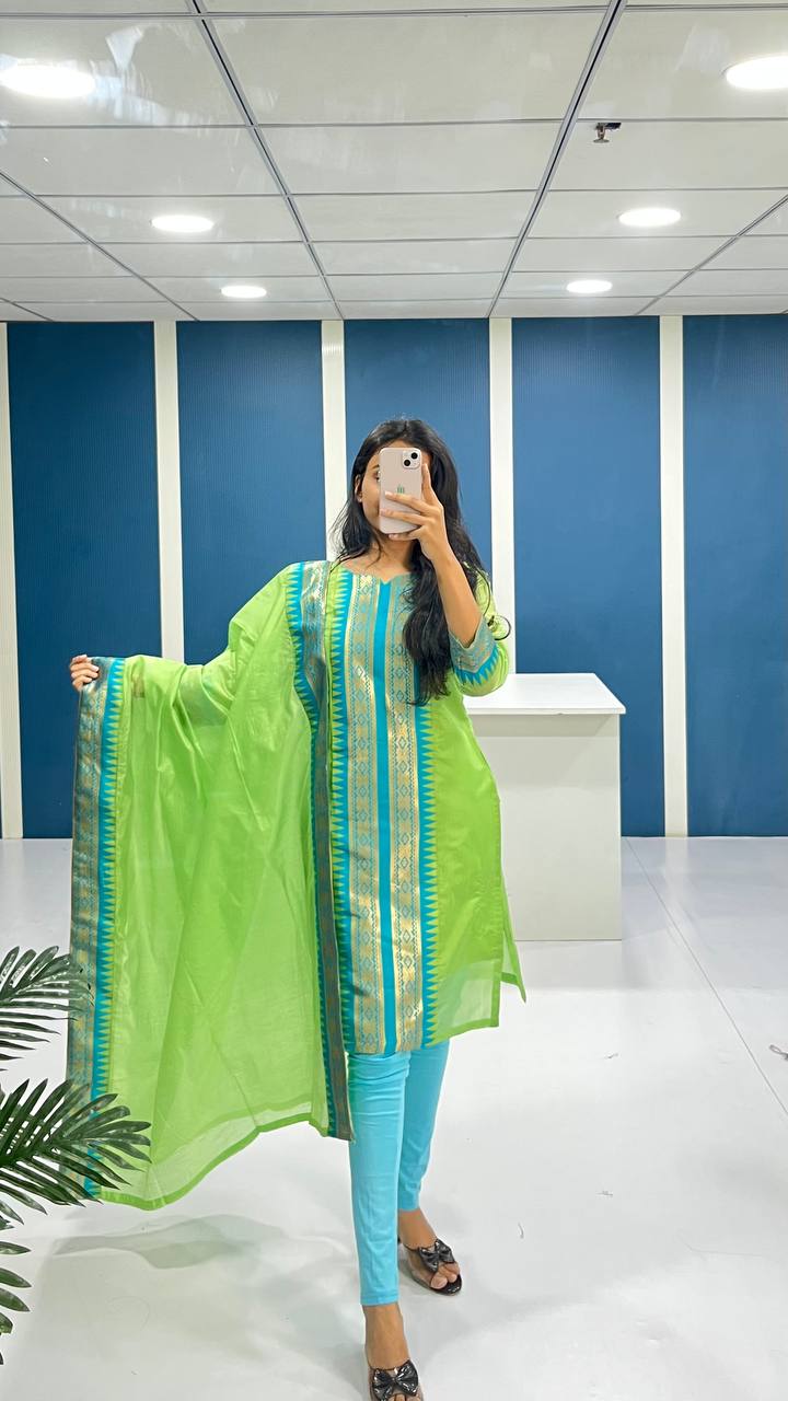 Light Green Chanderi Cotton Straight Fit Kurta Set with Jacquard Border.