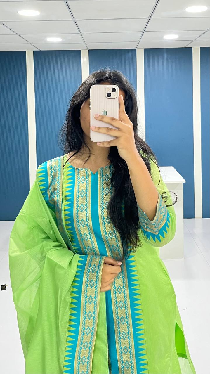 Light Green Chanderi Cotton Straight Fit Kurta Set with Jacquard Border.