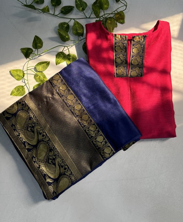 Elegant Chanderi Cotton Straight Kurta with Contrast Dupatta