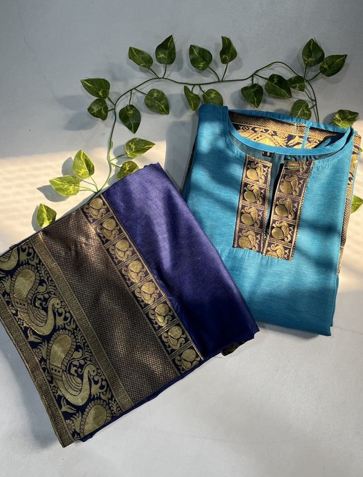 Elegant Chanderi Cotton Straight Kurta with Contrast Dupatta