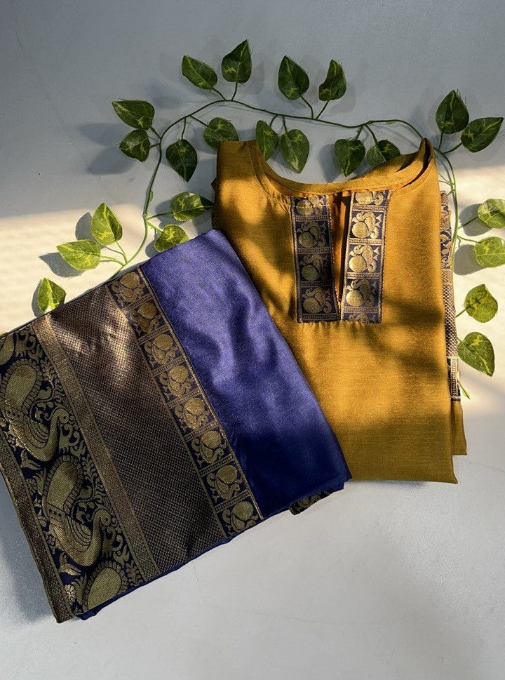 Elegant Chanderi Cotton Straight Kurta with Contrast Dupatta
