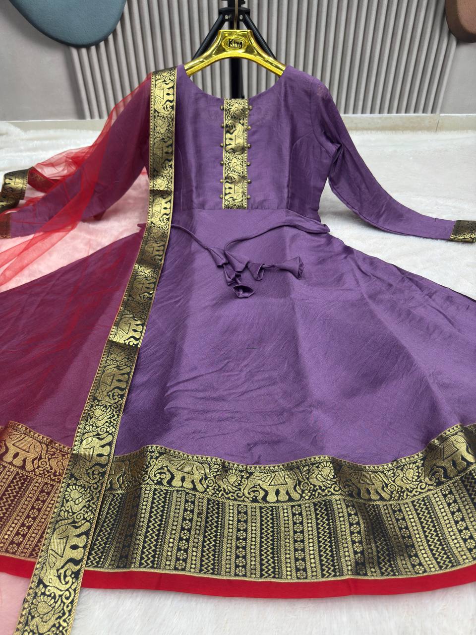 Festive Vichitra Silk Gown with Net Dupatta