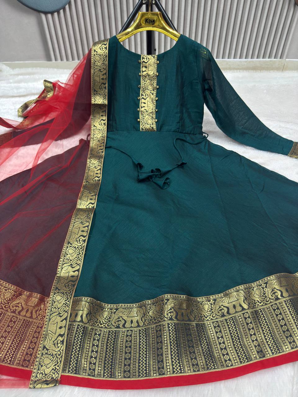 Festive Vichitra Silk Gown with Net Dupatta