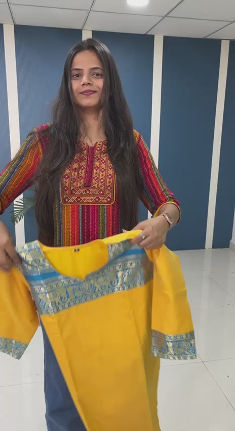 Sunny Yellow Cotton Kurta Set with Blue Border – Bold, Beautiful, and Timeless