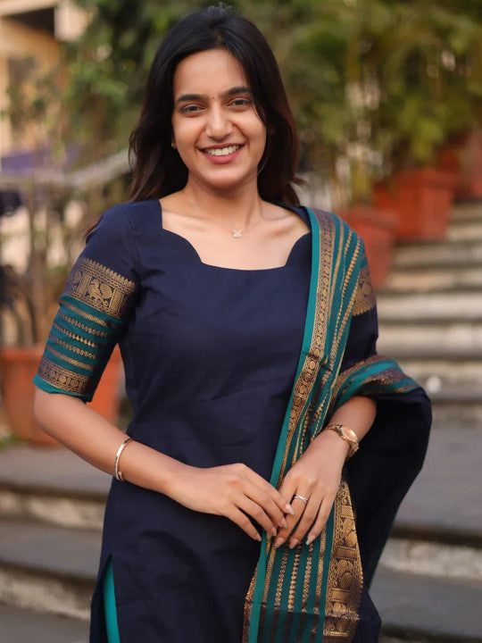 Navy Blue Chanderi Straight Kurta with Jacquard Border